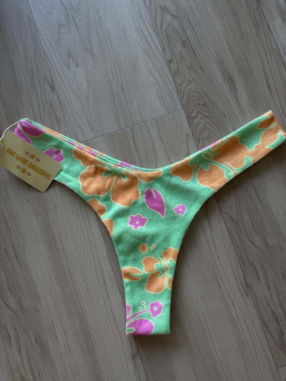 Aurelle Kiva Green Terry Hibiscus Floral High Cut Bikini Bottom